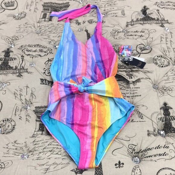 Rachel Roy Ombre Stripe Printed Halter Swimsuit - Picture 3 of 7